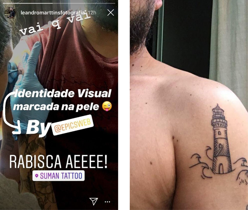 Stories no instagram fazendo a nova tatuagem e foto da tatuagem concluída